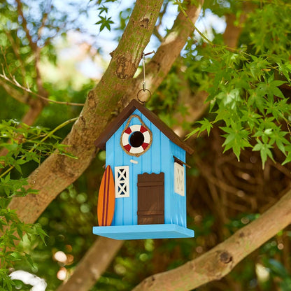 Glitzhome Blue Bird Houses for Outdoors, 10" H Modern Solid Wood Cottage Hand Painted Hanging Bird House Beach Hut Decorative Pet Cottage Outdoor Garden Birdhouse for Wren Finch Cardinals,Blue