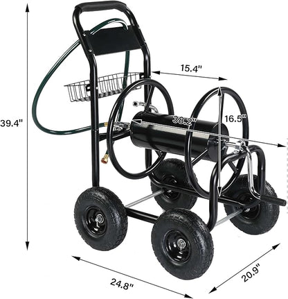VINGLI 4-Wheel Garden Hose Reel Cart with Storage Basket, Portable Residential Hose Reel Cart, Lawn Watering, for Garden Backyard and Farm