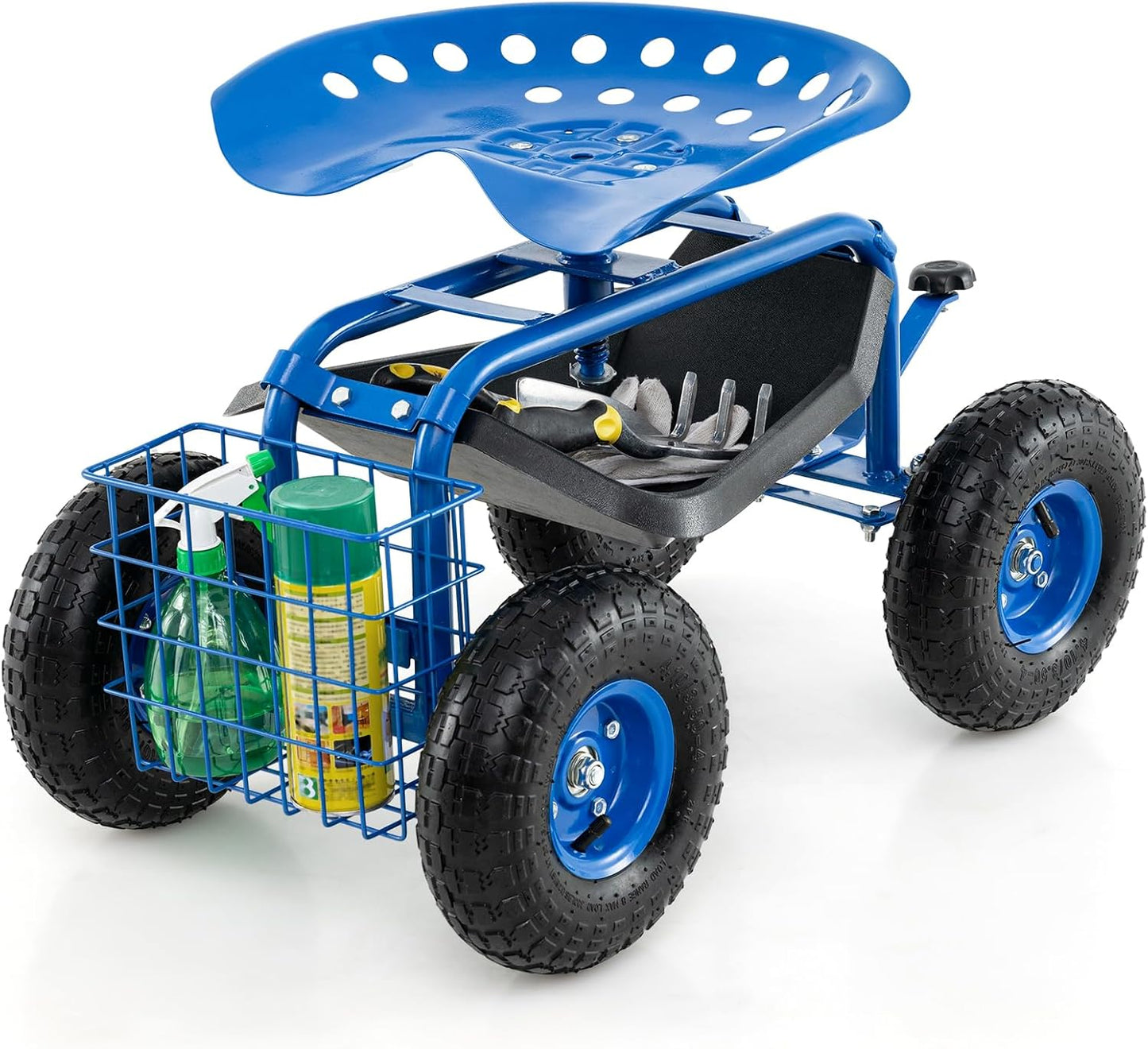 Giantex Garden Workseat, 360 Swivel Rolling Seat with Wheels, Tools Basket, Gardening Cart with Seat, Adjustable Height, Wagon Scooter for Patio Lawn Yard, Outdoor Steerable Stool (Blue)