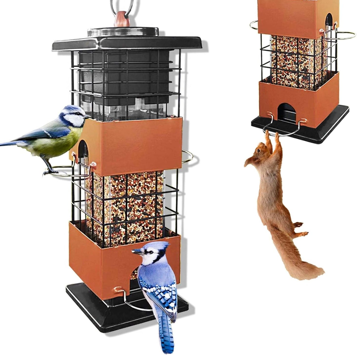 Squirrel Proof Bird Feeder, 3Lbs Bird Feeders for Outdoors Hanging, Metal Anti-Squirrel Birds Feeder with 4 Feeding Ports, Wild Birds Feeder for Cardinal, Finch, Sparrow (Brown)