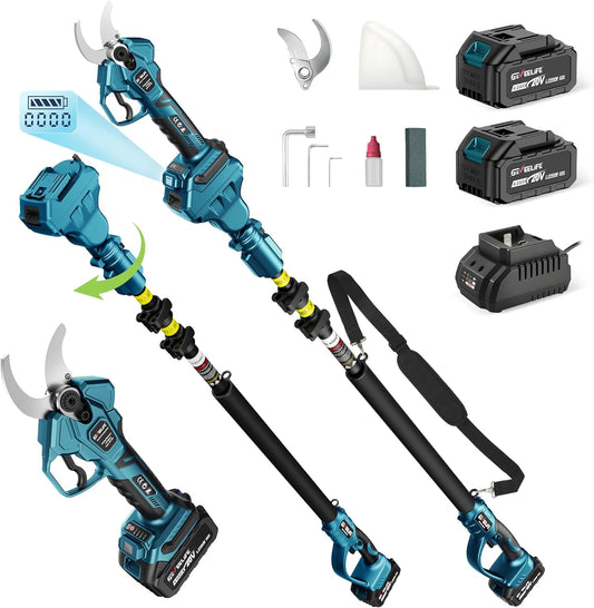GEVEELIFE 2-in-1 Electric Pruning Shears Cordless, 1.6" Cutting Diameter, Electric Tree Pruner with 12.8Ft Reach Extension Pole, 2×4.0Ah Battery Powered Pole Pruner for Tree Trimming