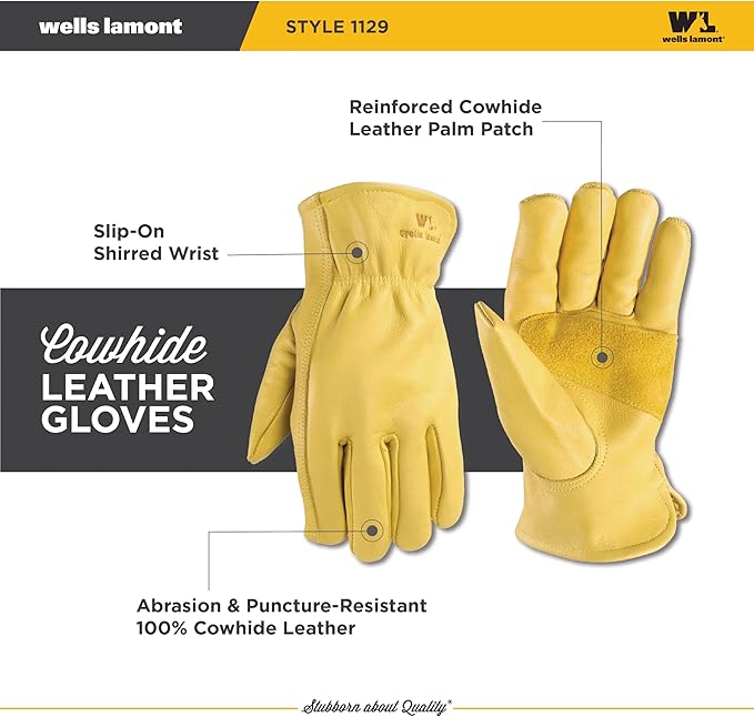 Wells Lamont Leather Work Gloves for Men – Grain Cowhide, Reinforced Palm – Ideal for Construction, Farming, Ranching – Ergonomic Fit, Keystone Thumb, Elasticized Wrist – Saddletan, Medium (1129M)