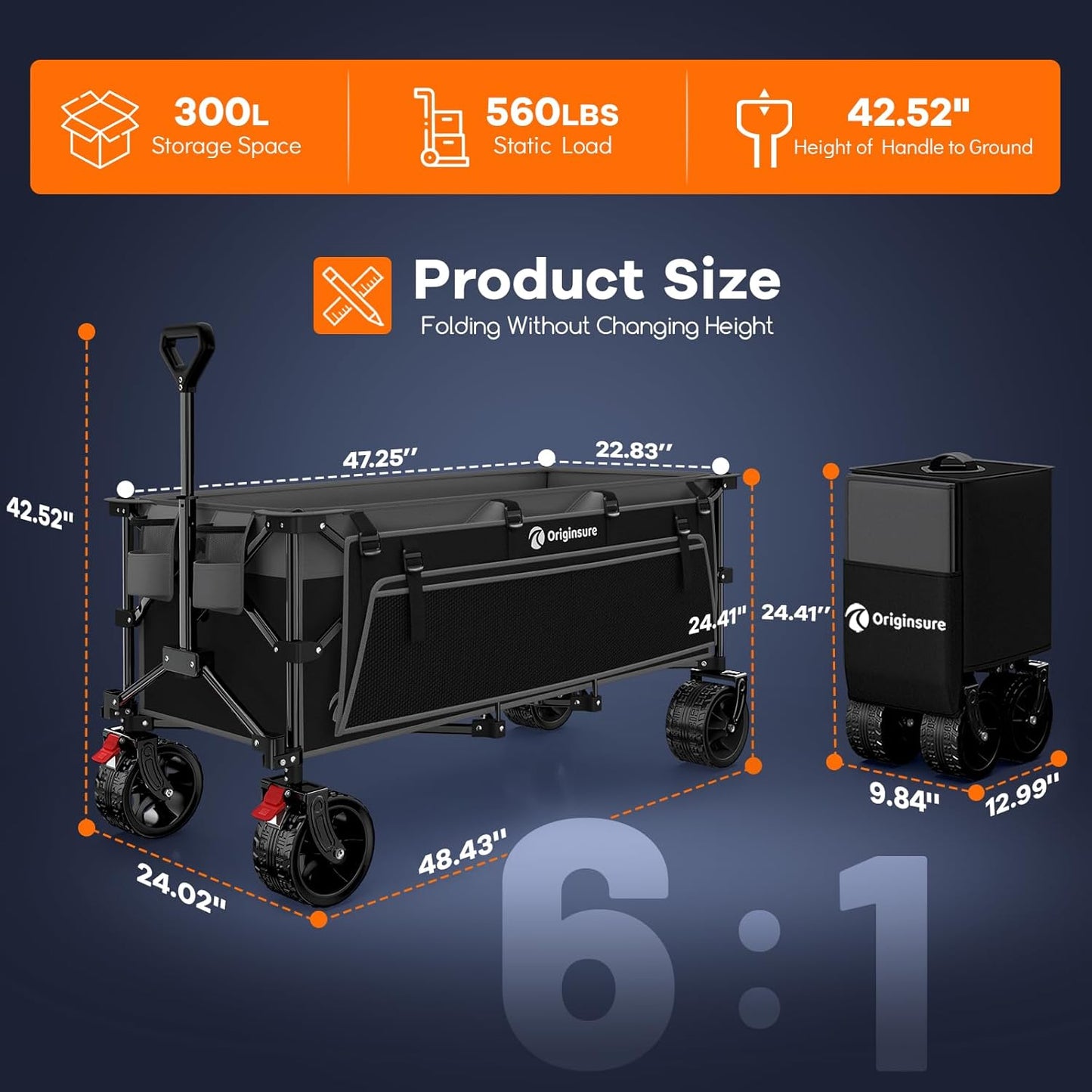 48" L Collapsible Wagon Cart Foldable, 560lbs Weight Capacity 300L Heavy Duty Folding Beach Wagons with Big All-Terrain Wheels, Utility Carts for Groceries, Shopping, Camping, Sports - Grey&Black