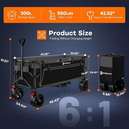 48" L Collapsible Wagon Cart Foldable, 560lbs Weight Capacity 300L Heavy Duty Folding Beach Wagons with Big All-Terrain Wheels, Utility Carts for Groceries, Shopping, Camping, Sports - Grey&Black