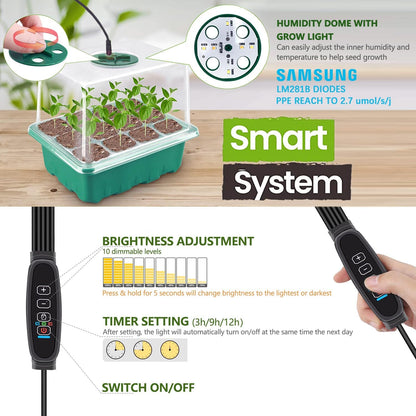 Seed Starter Tray 5 Packs Seedling Starter Trays with Grow Light 8 LEDs, Timer, Dimmable, Seed Starting Trays Kit with Humidity Dome (60 Cells) Indoor Gardening Plant Germination Tray