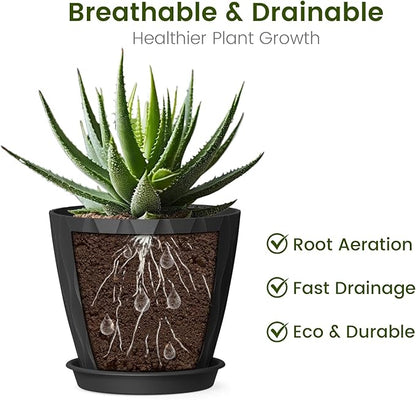 4 Inch Small Pots for Plants, 6 Pack Waffle Texture Small Plant Pots for Succulents, Plastic Planter with Drainage Holes and Saucers for Indoor Outdoor Plants, Flowers, Herbs, Seedlings,Black