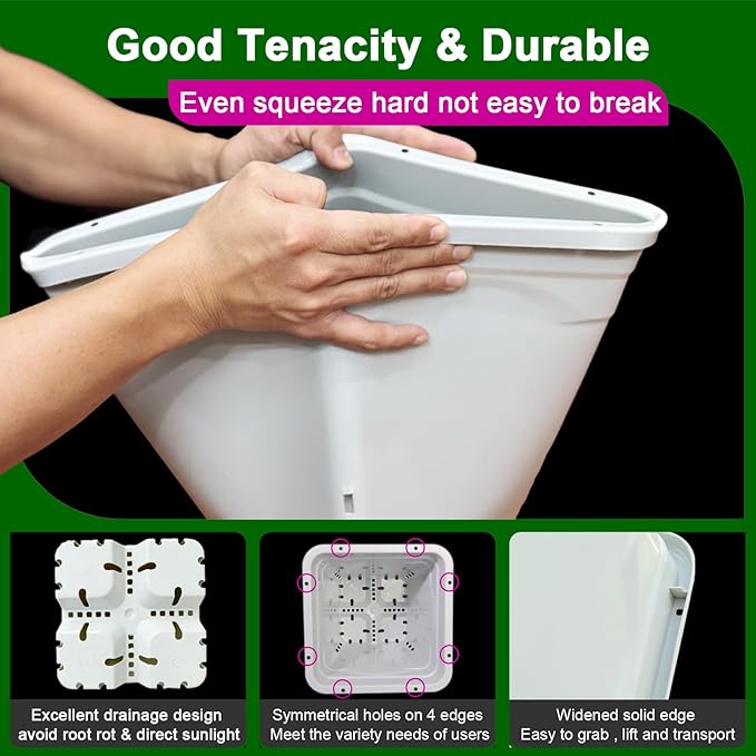 HG9X9SW 9"x9" Square Grayish-White Light-Blocking Plastic Planter with Hanging Holes, Hydroponic Side Holes, Indoor/Outdoor, 10" Tall, Pack of 24