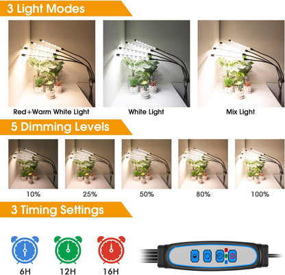 Wolezek Grow lights for Indoor Plants, 4-Head Full Spectrum LED Grow Light with Adjustable Tripod Stand 15-61 inches for Seed Starting, 3500K 6500K 660nm White Red Floor Plant Lamp with 6/12/16H Timer