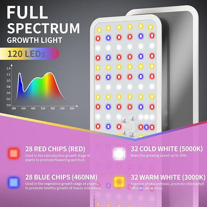 KINGPLUS Grow Lights with Base, Full Spectrum Growing Light for Indoor Plants, 120 LEDs, 4 Dimmable Levels, Timer 4/8/12h, 12-60inches Height Adjustable,18w, Ideal for Desk Small Plants