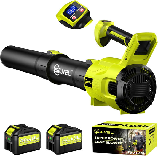 SILVEL Cordless Leaf Blower with 2x6.0Ah Battery and Quick Charger, 750CFM (250MPH) High Power Turbo Leaf Blowers with LCD Screen/Variable Speeds for Lawn Care, Patio, Dust, Blowing Leaves