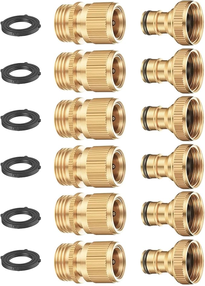 BoArt Garden Hose Quick Connector Set, Solid Brass 3/4 Inch Water Fitings Thread Easy Connect No-Leak Male Female 6 Sets