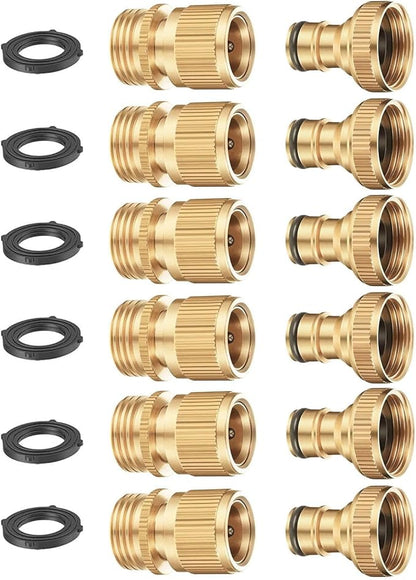 BoArt Garden Hose Quick Connector Set, Solid Brass 3/4 Inch Water Fitings Thread Easy Connect No-Leak Male Female 6 Sets