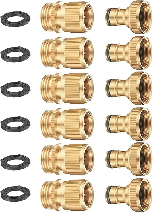 BoArt Garden Hose Quick Connector Set, Solid Brass 3/4 Inch Water Fitings Thread Easy Connect No-Leak Male Female 6 Sets