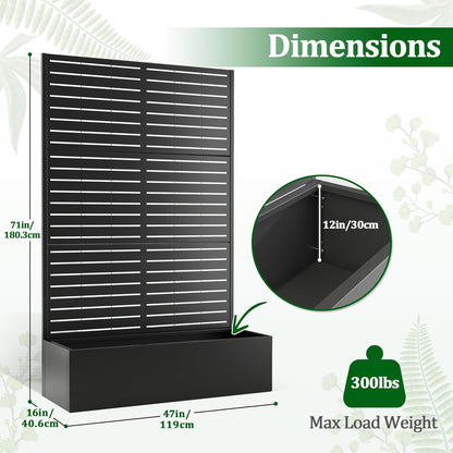 Metal Raised Garden Bed with Trellis, 2 in 1 Trellis with Planter Box & Privacy Screen for Climbing Plants, Vine, Outdoor Standing Flower Beds with Drainage Holes, 47" L x 17" W x 71" H, Black