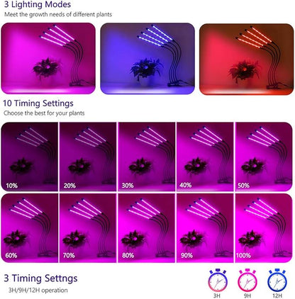 Plant Grow Lights for Indoor Plants Full Spectrum,80 LED Plant Lights for Indoor Growing with Timer, 4 Head Clip Indoor Plant Grow Lamp for House Plants with 3 Lighting Mode/10 Brightness