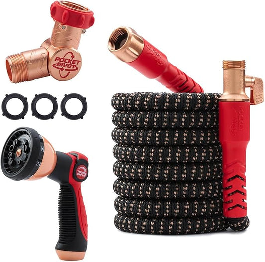 Pocket Hose Copper Head UV w/Pocket Pivot, Expandable Garden Hose 50 FT w/10 Pattern Thumb Sprayer AS SEEN ON TV 650psi 3/4in Ultra-Light Solid Copper Anodized Aluminum Fittings No-Kink No-Lead
