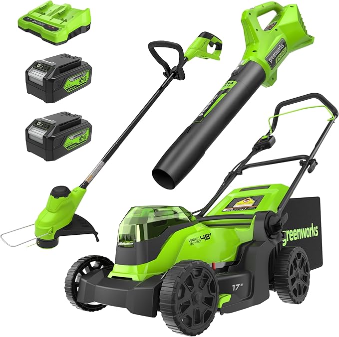 Greenworks 48V (24V x 2) 17" Brushless Mower+12" String Trimmer +320CFM Blower,(2) 4.0Ah Batteries and 2A Dual Port Charger