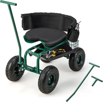 Giantex Garden Cart, Rolling Workseat with 4 Wheels, Tool Tray, Removable Cushion, Storage Basket, 2 Handles, Adjustable Height & 360 Swivel Work Seat, Gardening Stool for Patio Lawn Garden Yard