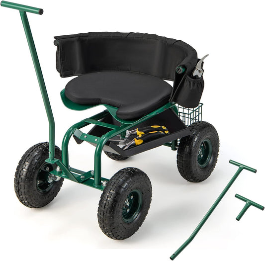 Giantex Garden Cart, Rolling Workseat with 4 Wheels, Tool Tray, Removable Cushion, Storage Basket, 2 Handles, Adjustable Height & 360 Swivel Work Seat, Gardening Stool for Patio Lawn Garden Yard
