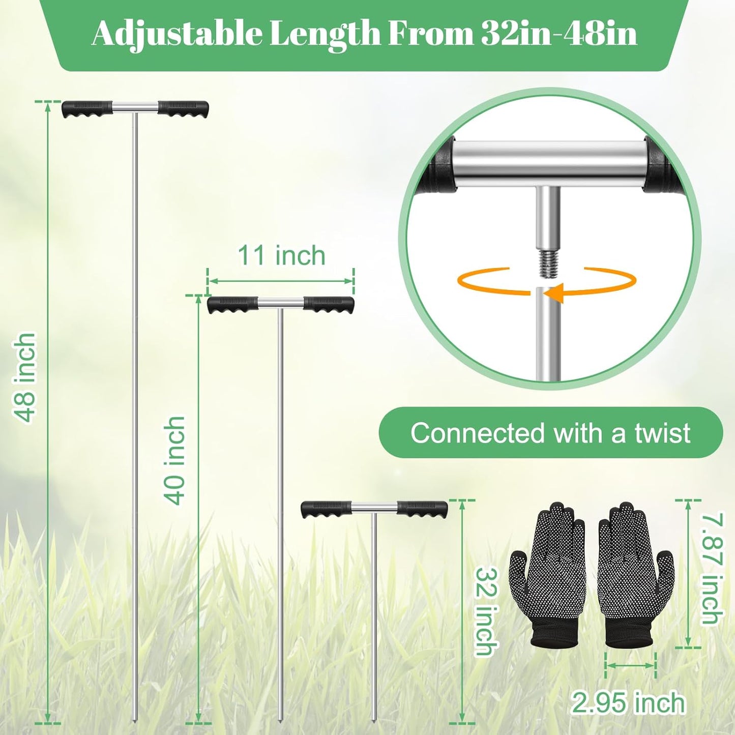 Soil Probe Rod with Gloves, COITEK 32"-48" Stainless Steel Tank Probe Rod, Adjustable Ground Rod Tool with Heavy Duty T-Handle for Locating Tank Underground Pipe Gravel Rodent Runs