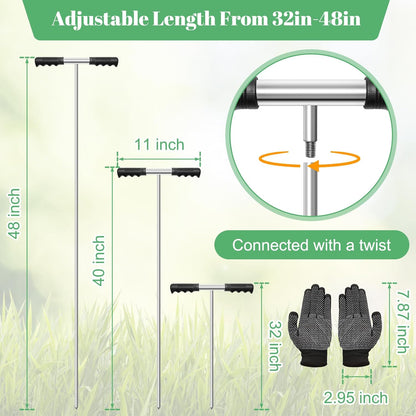 Soil Probe Rod with Gloves, COITEK 32"-48" Stainless Steel Tank Probe Rod, Adjustable Ground Rod Tool with Heavy Duty T-Handle for Locating Tank Underground Pipe Gravel Rodent Runs