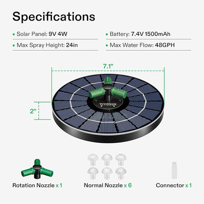 VIVOSUN Solar Fountain, 4W Solar Water Fountain with Upgraded Glass Panel, Built-in Battery, 7 Nozzles, Colored LED Lights, Outdoor Solar Fountain Pump for Bird Bath, Pond, Pool, Fish Tank, Garden