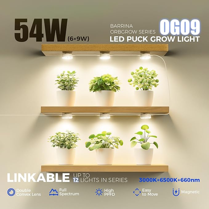 Barrina Orbgrow OG09 Puck Grow Light with Timer, 660nm Red LEDs 54W(6 x 9W, 810 Watt Equiv), Full Spectrum Plant Light for Indoor Plant, Magnetic & Linkable, 5 Levels Dimmable for Plant Shelf, 6 Packs