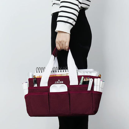 JJRING Craft Organizer Tote Bag, Art Storage Caddy with Multiple Pockets, Dark Red Sewing Bag for Art, Craft, Scrapbooking, School, Medical, and Office