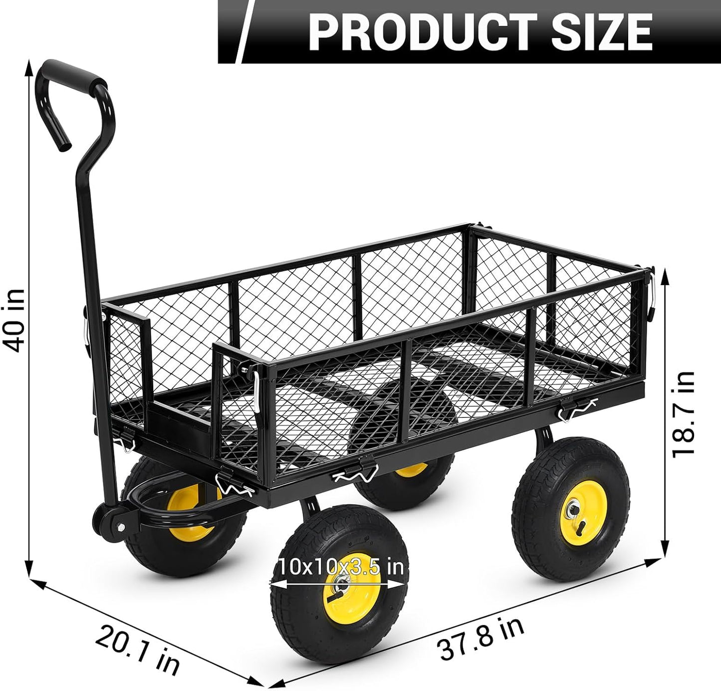 Steel Garden Cart, 900 LBS Heavy Duty Metal Garden Wagon with 10 in Wheels, Metal Push Wagon with 180° Rotating Handle and Removable Sides for Farm, Yard