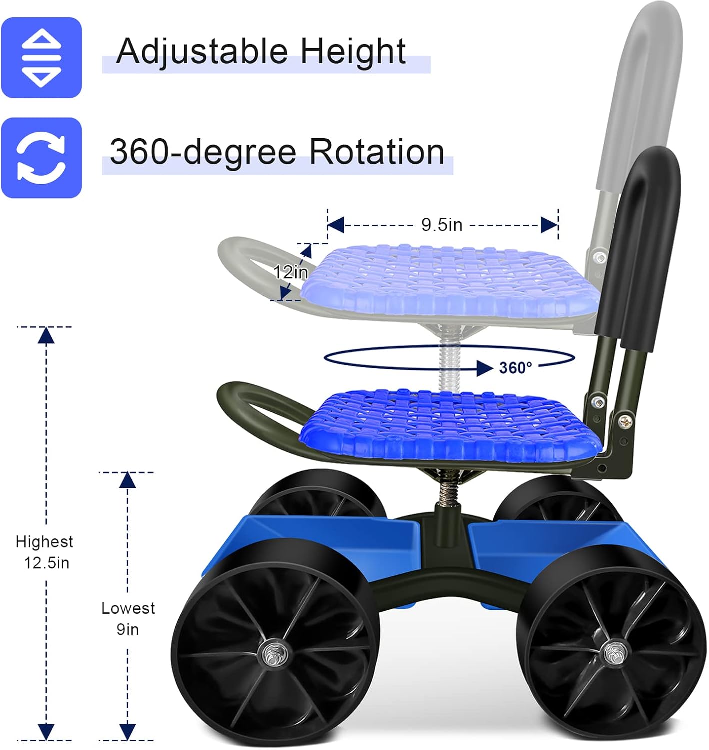 i Cover Garden Cart Rolling Stool with Four Wheels and Tool Bag, Stable Workseat Sturdy Carts Adjustable Seat Height and Direction, Gardening Helper, Dark Green