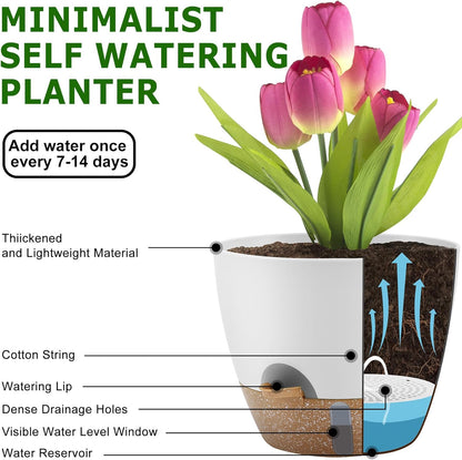 Self-Watering Plant Pots with Water Level Indicator, Drainage Holes & Saucers – 12/10/9 Inch Large Plastic Planter Set for Indoor & Outdoor Plants (White)