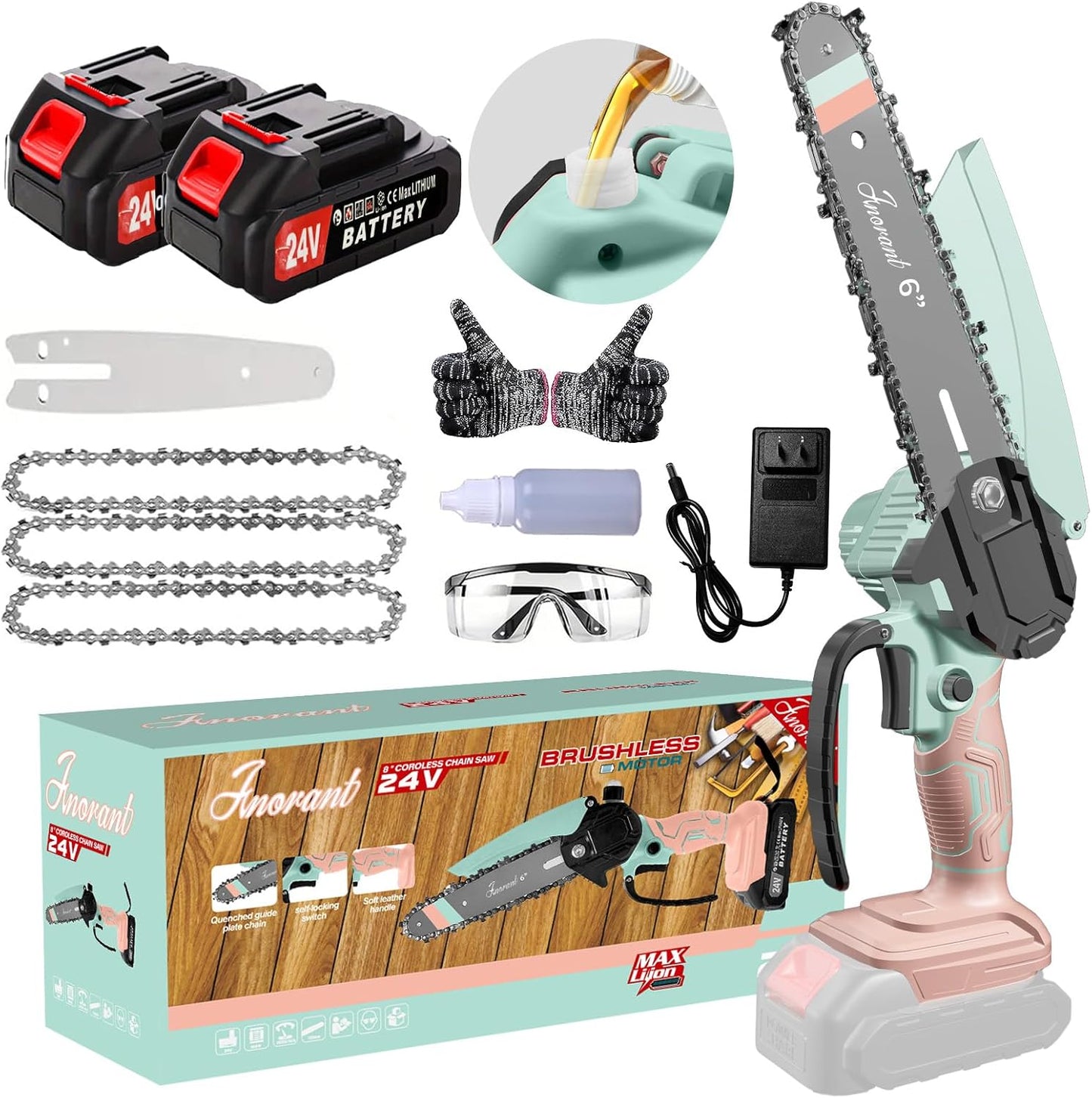 Mini Chainsaw with 2×24V Battery Powered Electric Chain Saw,chain saw are suitable for cutting wood and trimming branches,Mini Chainsaw Cordless With three chains