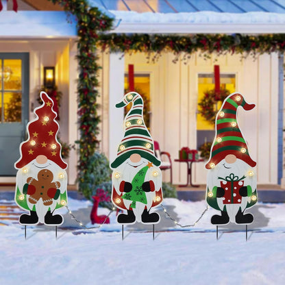 Christmas Yard Stakes Metal Christmas Decorations Outdoor Yard Gnomes Holding Gingerbread Tree Gift Lighted Metal Stakes Outdoor Xmas Stake Lawn Pathway Decoration