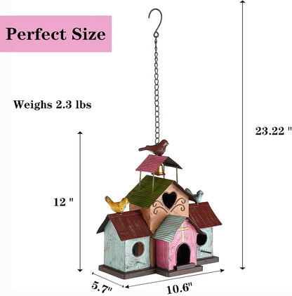 Large Bird Houses for Outside Hanging, 4 Hole Outdoor Bird House with Bell, Easy Clear, Colorful Metal Bird Houses for Outside.
