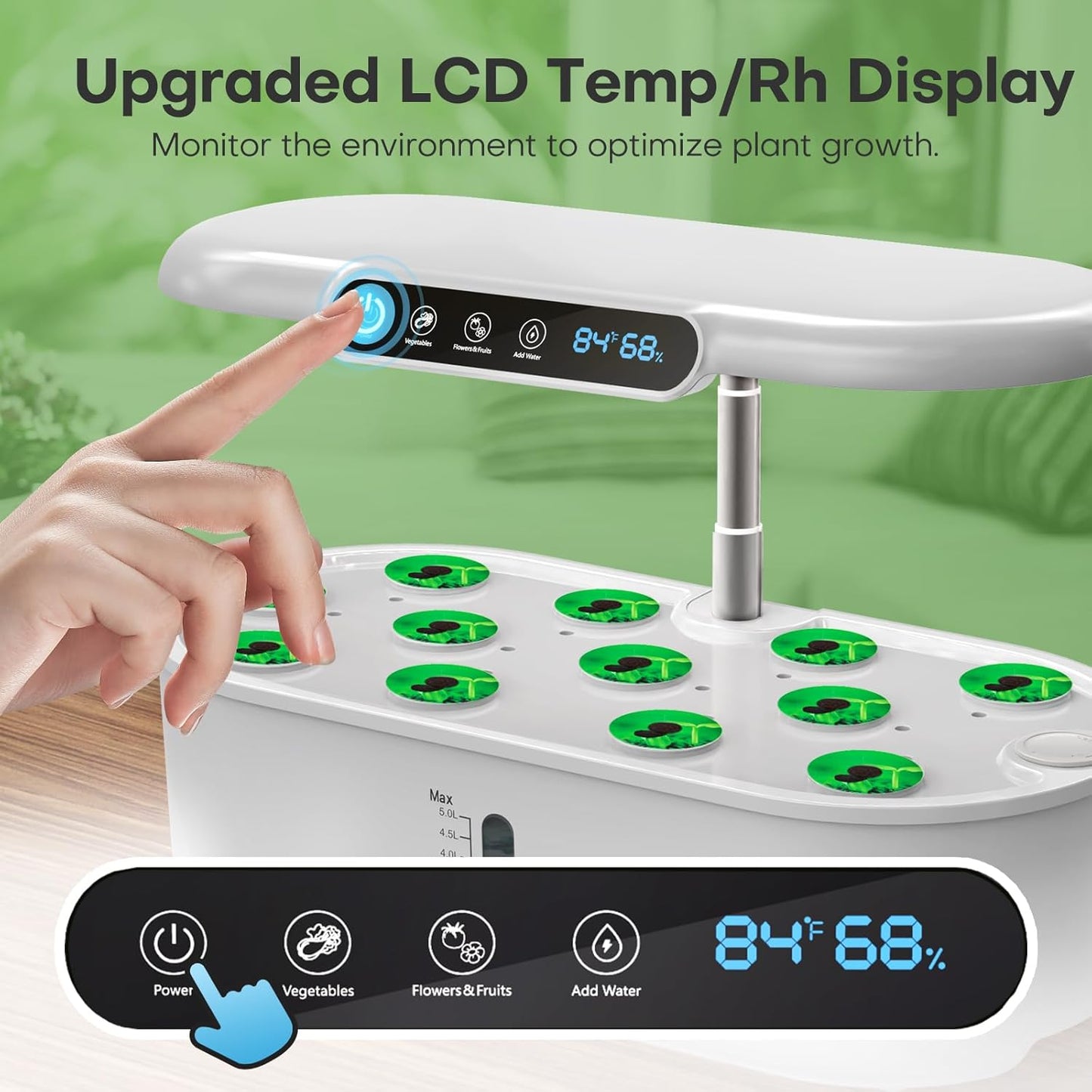 Ahopegarden Hydroponics Growing System with 12 Pods, Indoor Garden Kit with LED Grow Light & LCD Temp Humidity Display, Smart Quiet Pump Planter for Herbs, Lettuce, Vegetables, Kitchen Garden Use