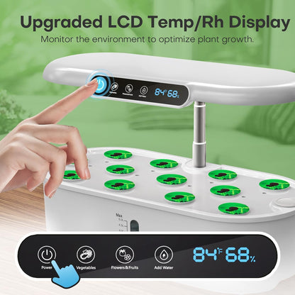 Ahopegarden Hydroponics Growing System with 12 Pods, Indoor Garden Kit with LED Grow Light & LCD Temp Humidity Display, Smart Quiet Pump Planter for Herbs, Lettuce, Vegetables, Kitchen Garden Use