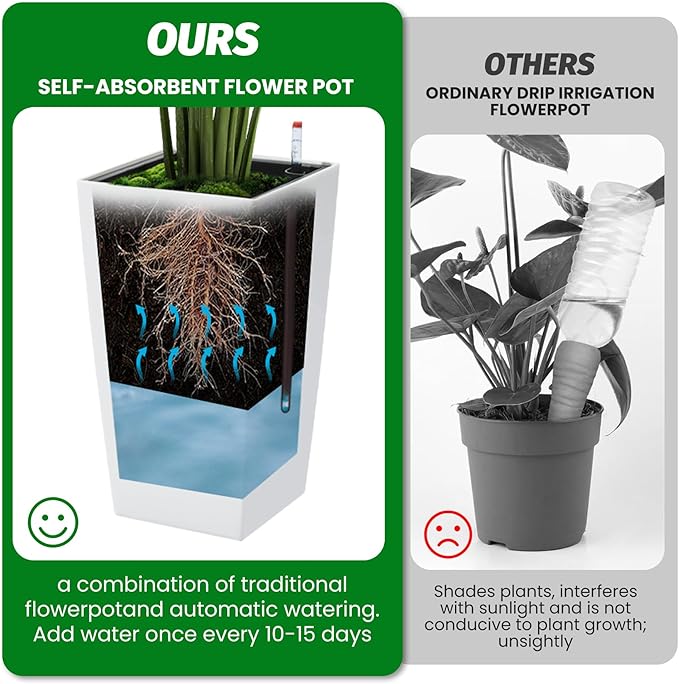 GarveeLife 16 in Tall Planters Set of 2, Outdoor＆Indoor Black Planter Pots, High Front Porch Planter Pots with Drainage Holes＆Water Level Monitor＆Inner Bucket, Automatic Watering,White