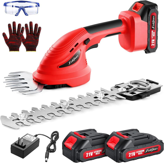 Hedge Trimmer Cordless,2 in 1 Hedge Shrub Grass Shears,21 V Electric Hedge Trimmer Grass Cutter Bush Trimmer with 2 PCS Rechargeable Battery for Garden, Lawn, Yard (Red)