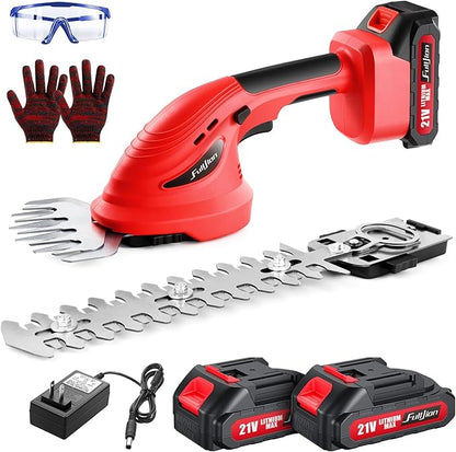 Hedge Trimmer Cordless,2 in 1 Hedge Shrub Grass Shears,21 V Electric Hedge Trimmer Grass Cutter Bush Trimmer with 2 PCS Rechargeable Battery for Garden, Lawn, Yard (Red)