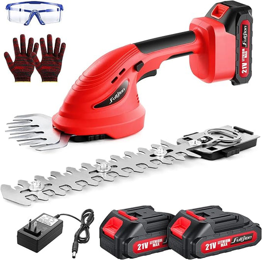 Hedge Trimmer Cordless,2 in 1 Hedge Shrub Grass Shears,21 V Electric Hedge Trimmer Grass Cutter Bush Trimmer with 2 PCS Rechargeable Battery for Garden, Lawn, Yard (Red)