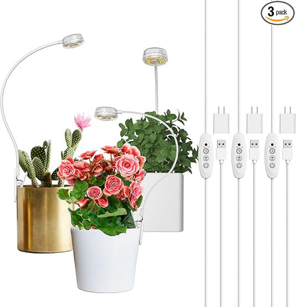 SANSI Grow Lights for Indoor Plants, Pot Clip LED Plant Light for Growing Full Spectrum, Plant Growing Lamp 4-Level Dimmable Auto On Off 3 6 12 Hrs Timer for Small Plants, White 5V 3-Pack ETL Listed