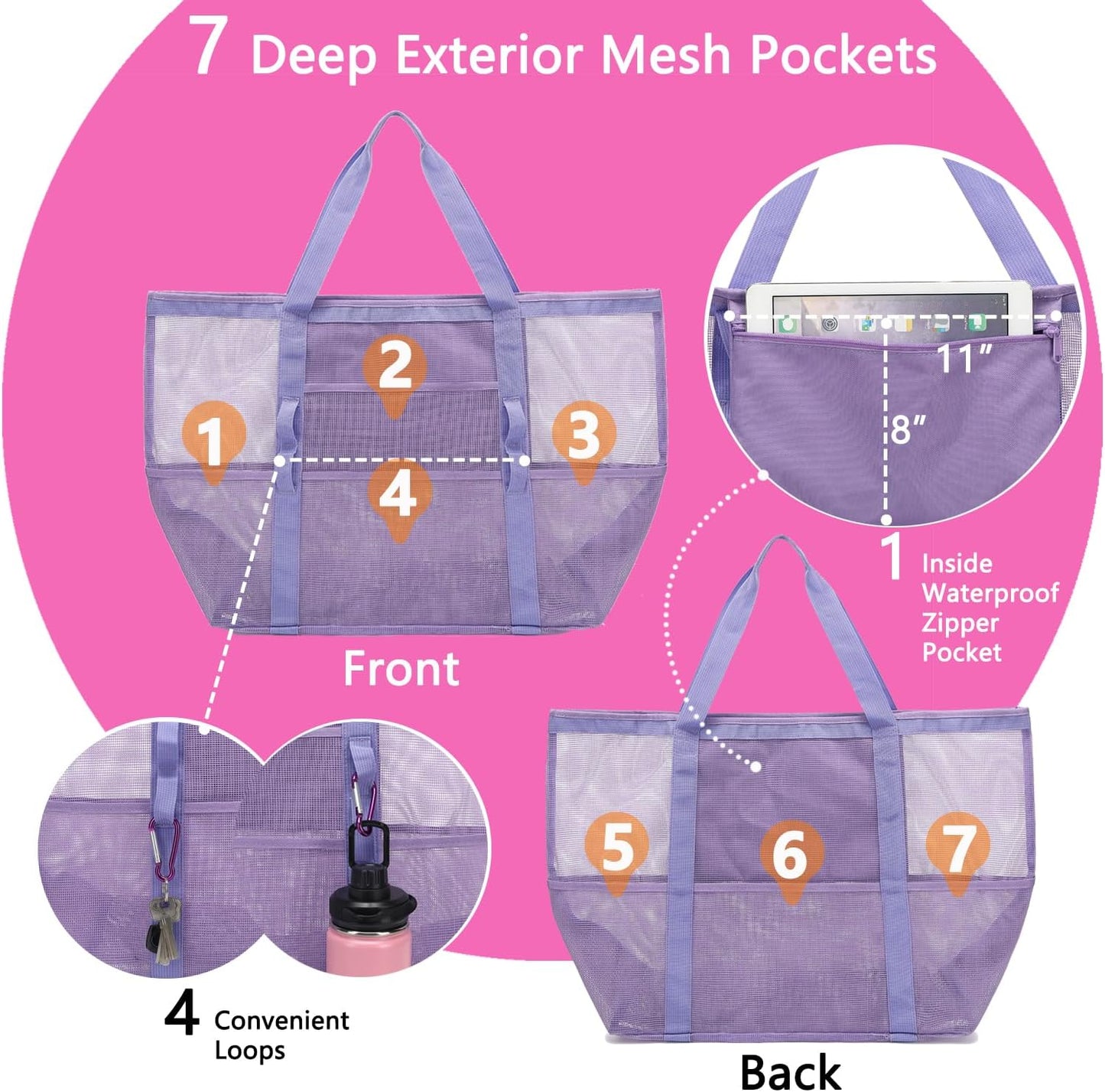 Mesh Beach Bag, Large Beach Tote with Zipper Pocket for Family Pool Bag for Toys & Vacation Essentials