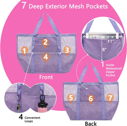 Mesh Beach Bag, Large Beach Tote with Zipper Pocket for Family Pool Bag for Toys & Vacation Essentials