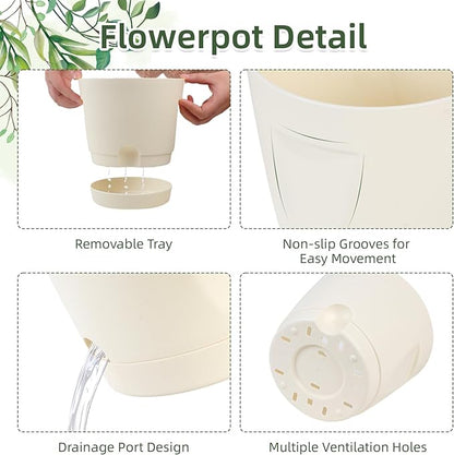 6+7 Inch Self Watering Planters for Indoor Plants, 4 Pack Self Watering Planters with Drainage Holes & Saucers, Plastic Flower Pots Outdoor with Reservoir for All Houseplants Garden Pots (Cream White)