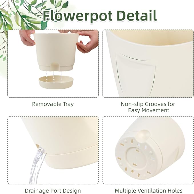 Self Watering Pots for Indoor Plants, 5+6+7 Inch 6 Pack Self Watering Planter with Reservoir for All Housplants Flowers Garden, Plastic Flower Pots for Succulents Planting Pot (Cream White)