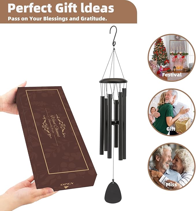 Aluminium Wind Chimes 26 Inches to Create a Zen Atmosphere Suitable for Outdoor, Garden, Patio Decoration. Classic Black Wind Chimes with Wind Catcher Suitable as A Gift for Unisex