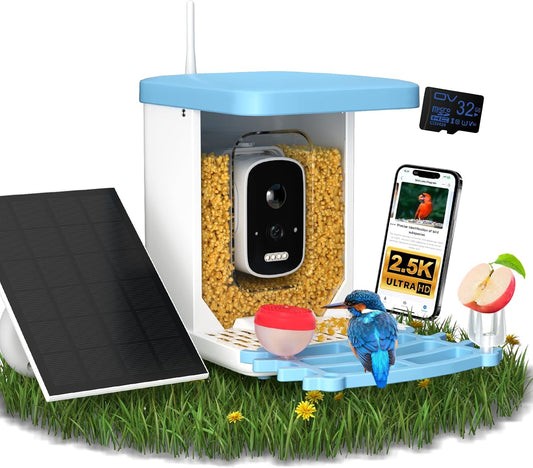 Smart Bird Feeder with Camera - 2.5K HD Bird Feeder Cameras Solar Powered, AI Birds Identification via App WiFi Outdoor Waterproof Birdhouse Watch Night Vision, 4000mAh Battery, Gift for Birdlovers