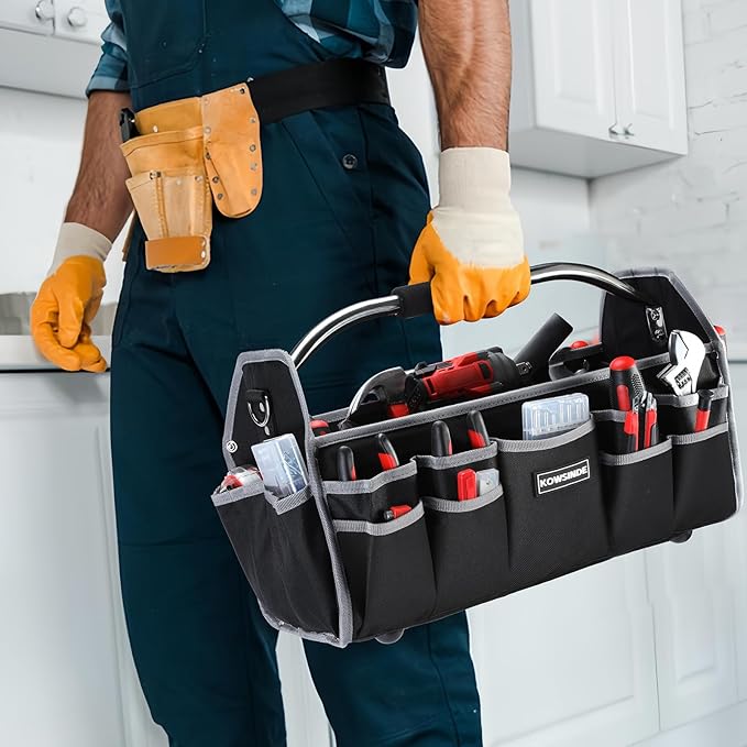 18 Inch Tool Bag, Electrician Tool Bag, Open Top Tool Bags, 26 Pockets Can Hold Many Tools, Steel Handle and Removable Shoulder Strap