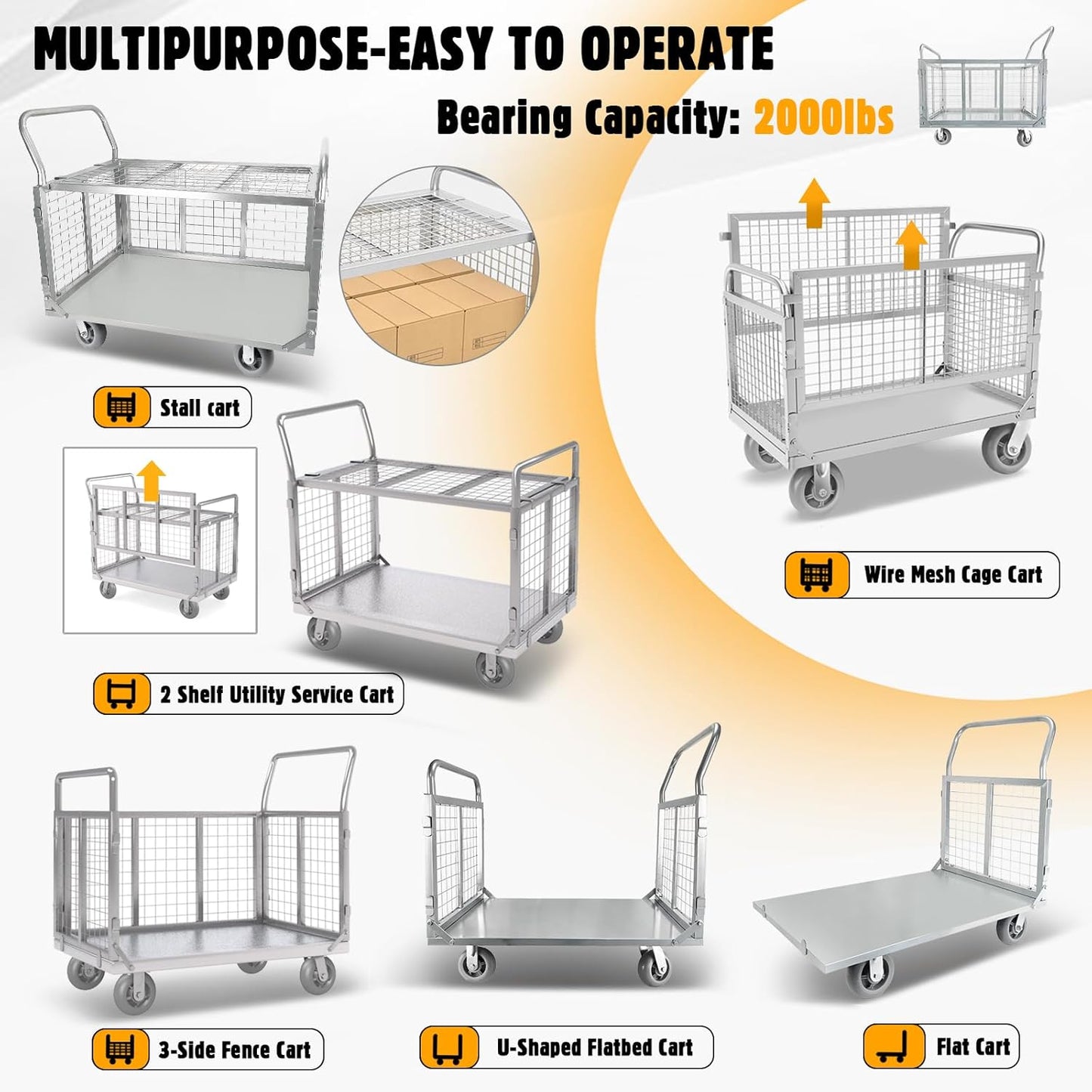 Platform Truck Cart with Cage, Multipurpose 6 in1 Foldable Flatbed Cart Heavy Duty Push Cart Dolly W/Swivel Wheels 2000lbs Capacity Utility Hand Cart for Grocery/Laundry/Stall/Storage