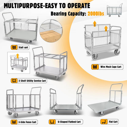 Platform Truck Cart with Cage, Multipurpose 6 in1 Foldable Flatbed Cart Heavy Duty Push Cart Dolly W/Swivel Wheels 2000lbs Capacity Utility Hand Cart for Grocery/Laundry/Stall/Storage